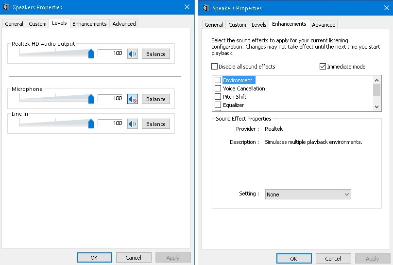 Speakers Properties Volume levels and enhancements.