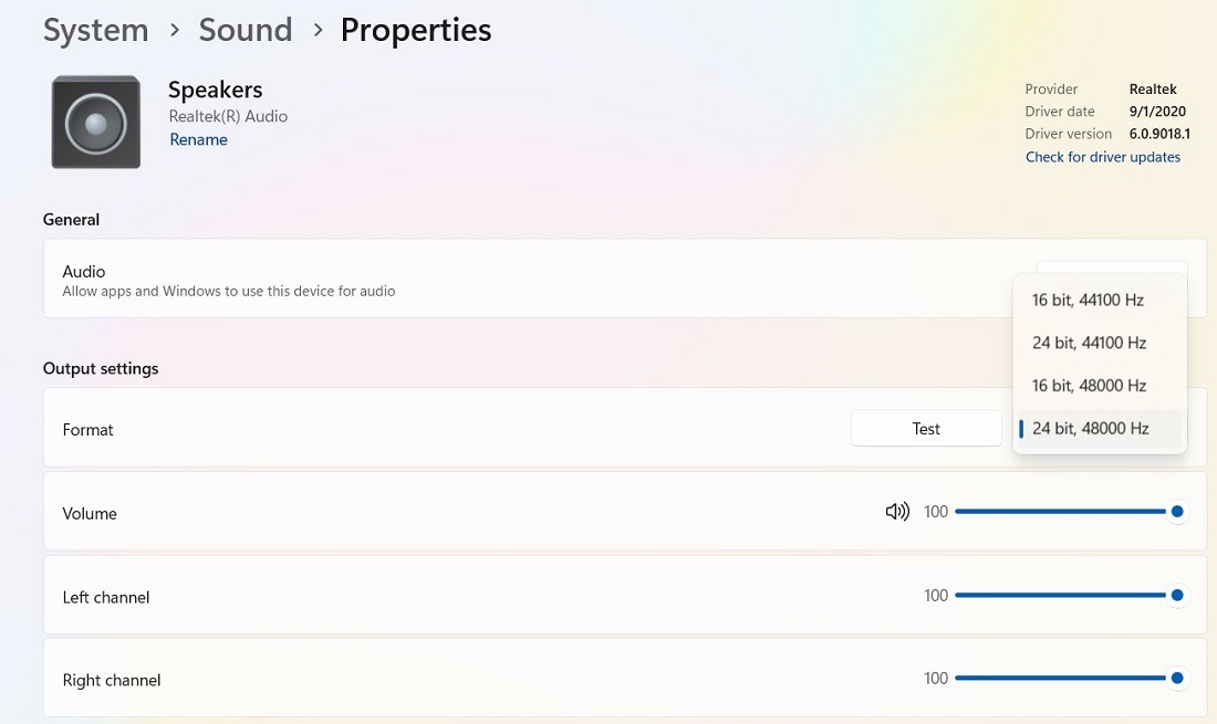 Max volumes in speakers Properties and audio frequencies setting. 