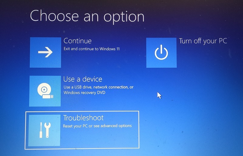Troubleshoot option in Advanced Startup mode for Windows 11. 