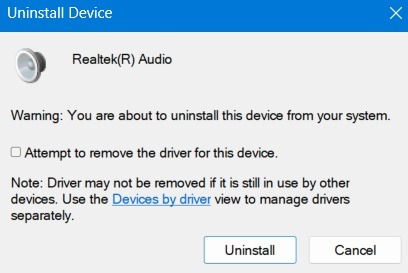 Warning message before attempting to uninstall sound driver in Windows 11.