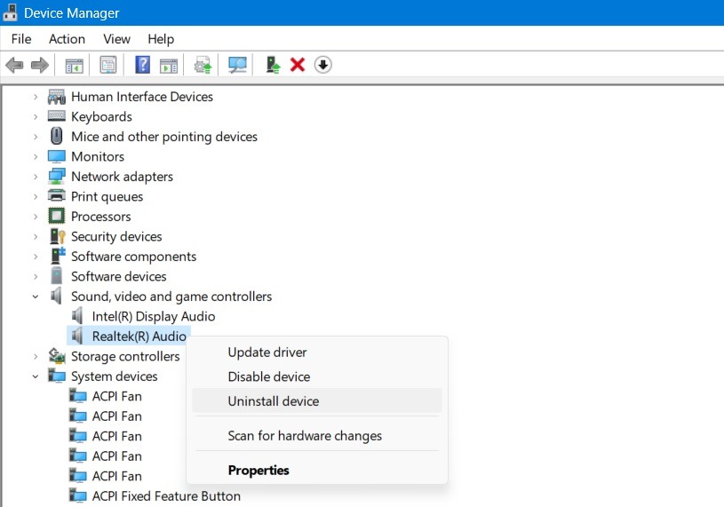 Right-click to uninstall sound driver in Windows Device Manager. 