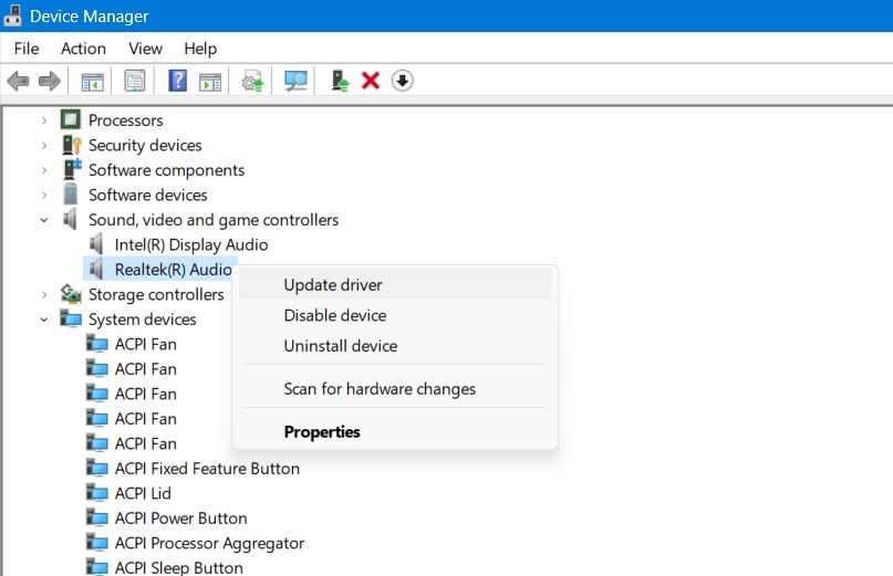 Update sound drivers in Device Manager using a Right click. 