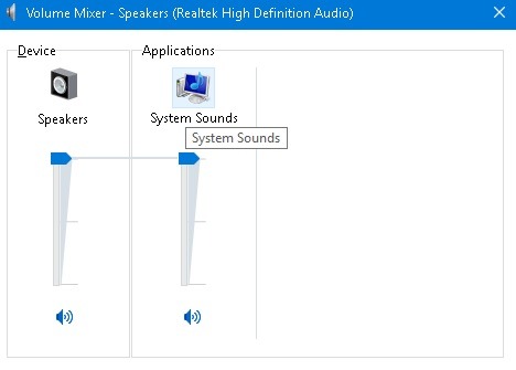 Drag sliders for speakers and system sounds in Volume Mixer to their maximum in Windows 10. 