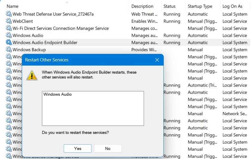 Windows Audio Endpoint Builder service restart along with Windows Audio.