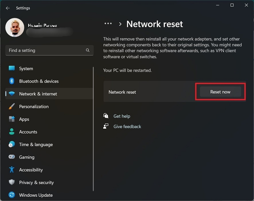 Clicking on "Reset now" button to reset network in Windows.