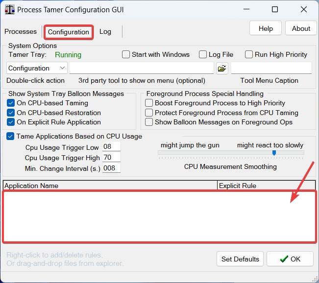 "Configuration" tab in the Process Tamer app with "Application Name" box visible at the bottom.