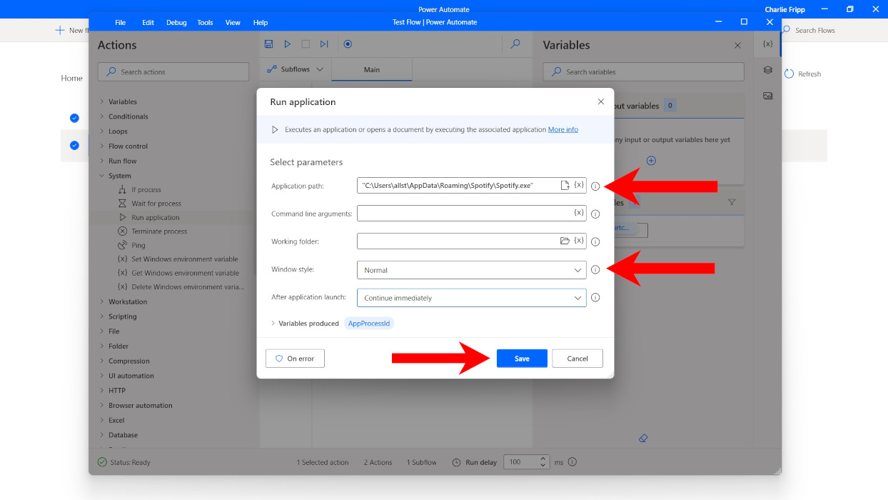 "Run application" window in Power Automate app.