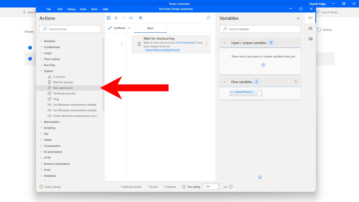 Selecting another action to connect to the first action from left-hand panel in Power Automate app.