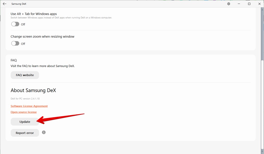 Clicking "Update" option in Samsung DeX app for Windows. 