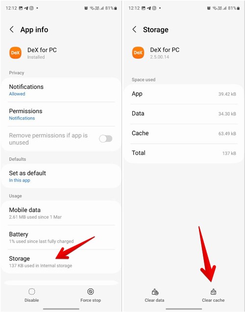 Clearing cache and data for Samsung DeX app on Samsung phone. 