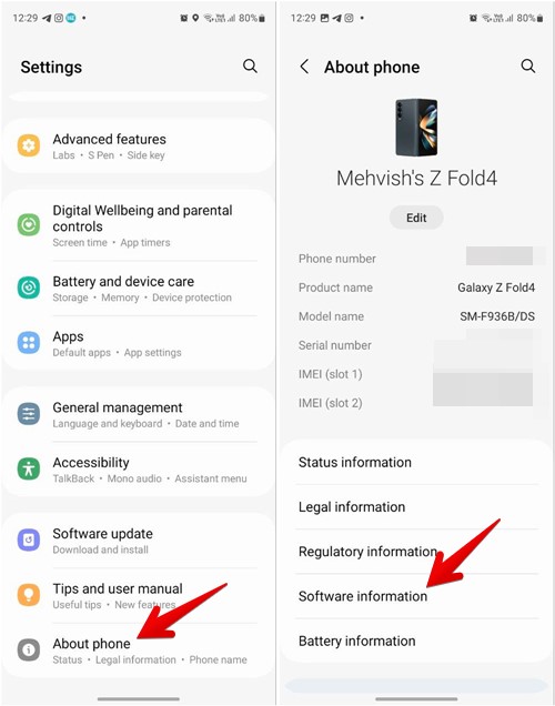 Accessing "Software information" menu from Samsung phone. 
