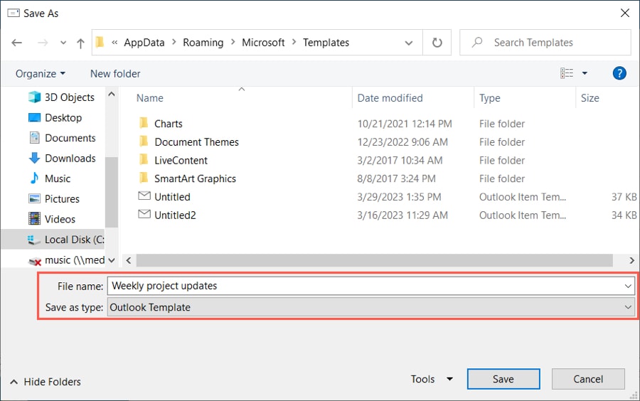 Save As dialog box on Windows