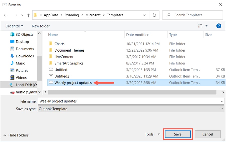 Save as dialog box for an edited template on Windows