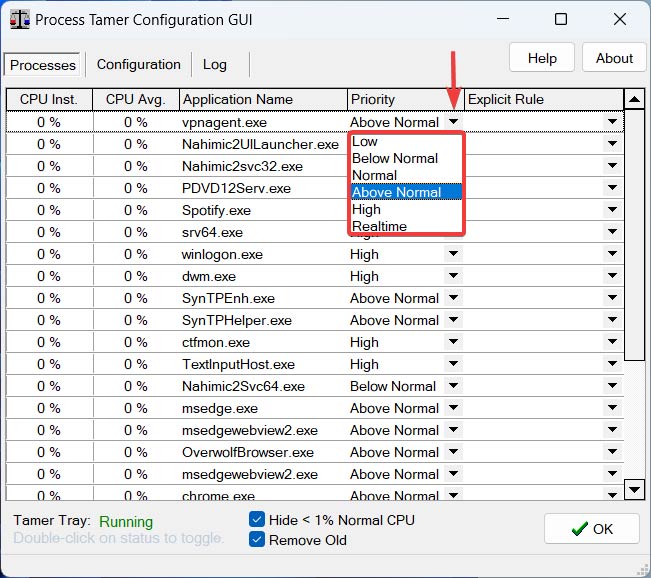 Changing app priority in the Process Tamer app.