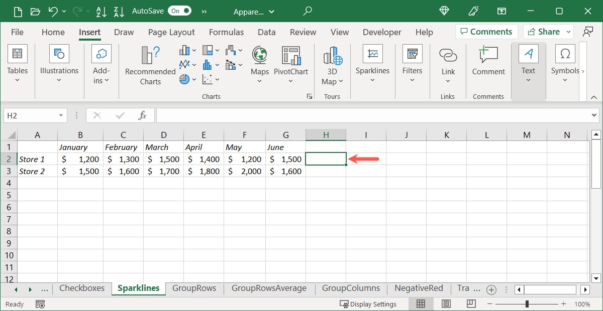 Selected cell for a sparkline in Excel