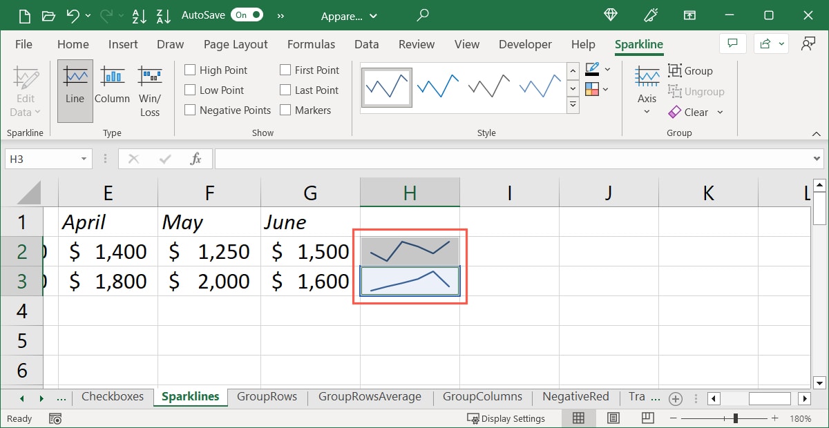 Selected sparklines in Excel