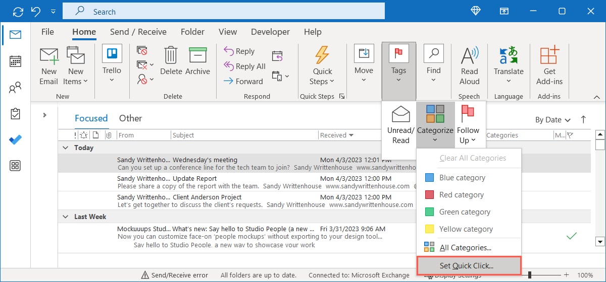 Set Quick Click in the Outlook Categories menu