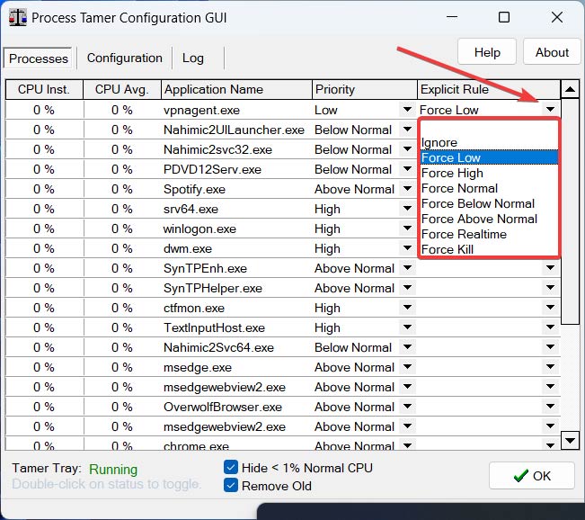 Setting an explicit rule from the "Processes" tab in the Process Tamer app.