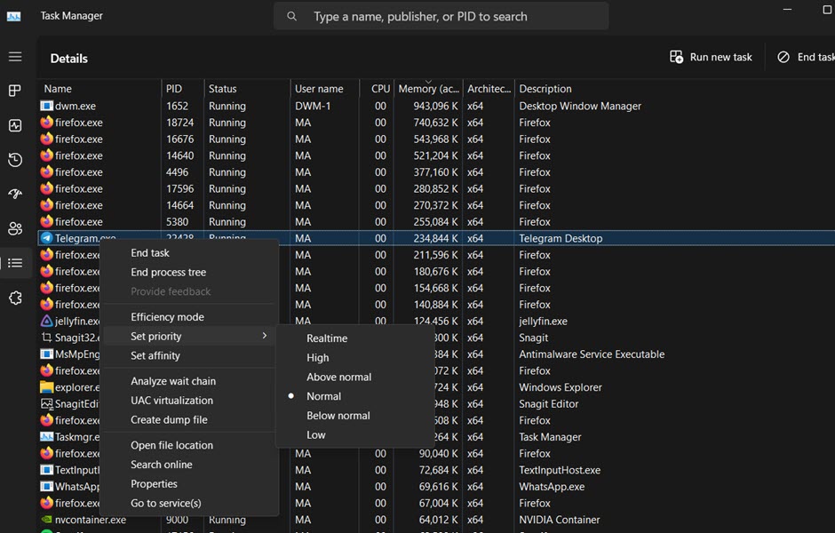 Setting priority for a process in Task Manager.