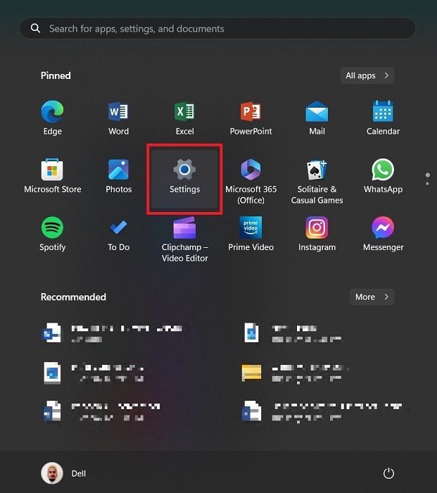 Clicking on the Settings app from Start menu.
