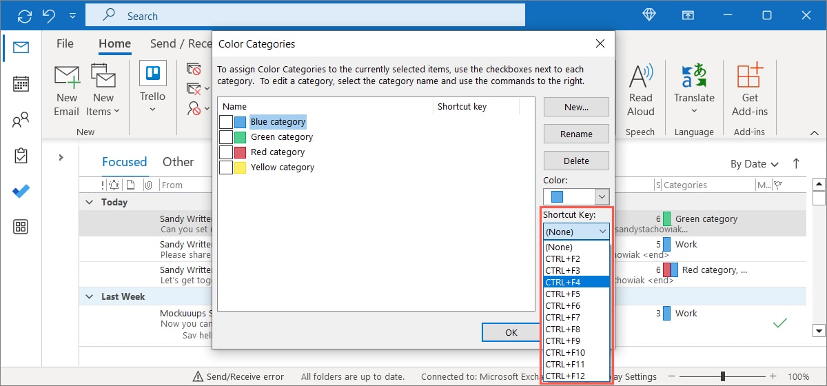 Shortcut Key menu in Outlook
