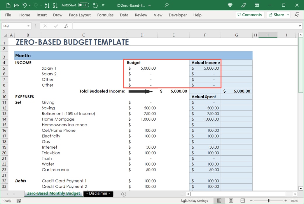 Smartsheet template Budget and Actual columns