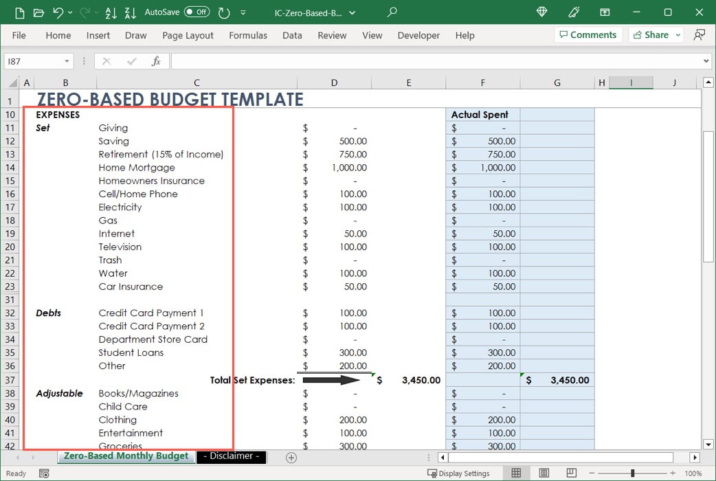 Smartsheet template expense sections