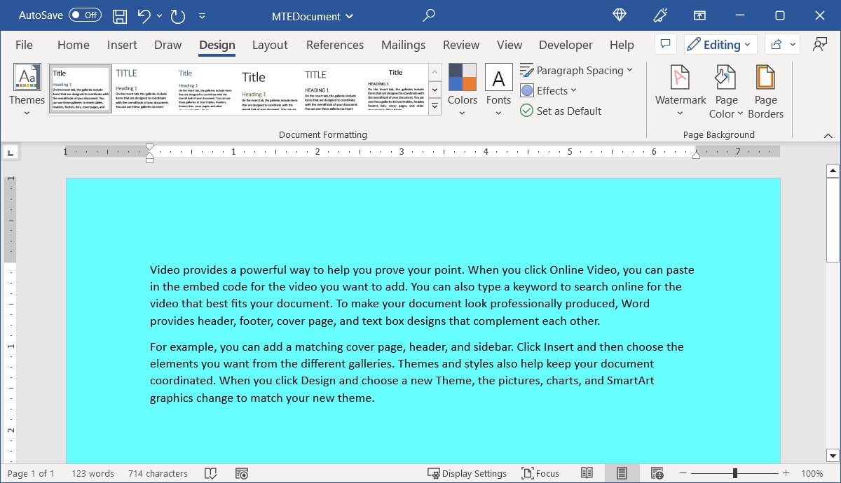 Solid color background in Word
