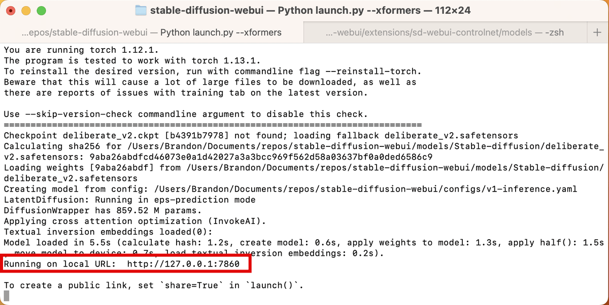 A macOS screenshot of the Terminal app, showing the Stable Diffusion Automatic1111 AI Image generator running locally on the user's browser via hyperlink.