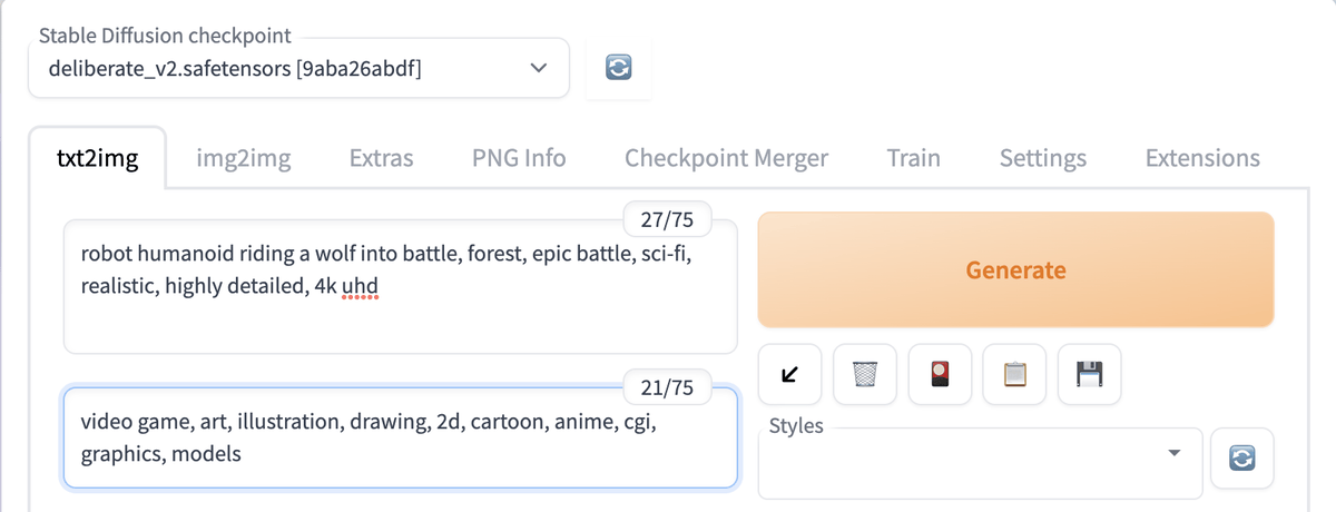 Screenshot of prompts being entered into Automatic1111.