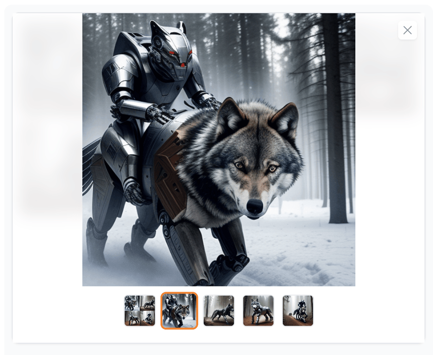 Screenshot of examples of images generated by the Stable Diffusion AI model. A metallic robot riding a huge wolf is picturized.