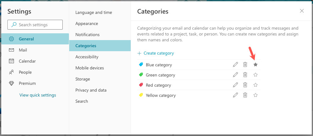 Star a category in Outlook on the web