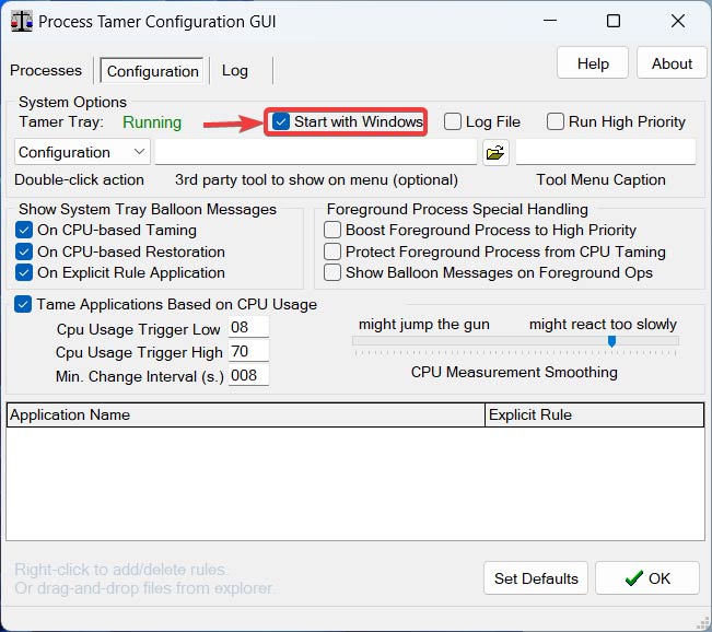 Enabling "Start with Windows" option in the Process Tamer app.