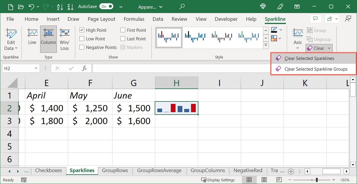 Clear Selected Sparklines in the Clear menu