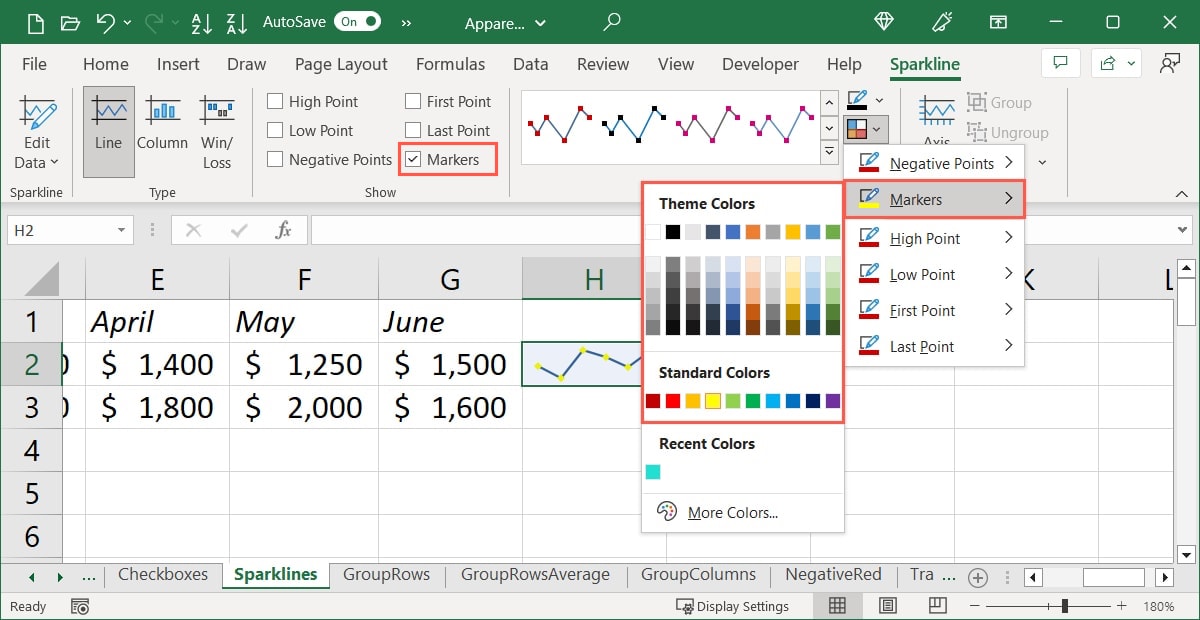 Style and Markers Color edits for a sparkline