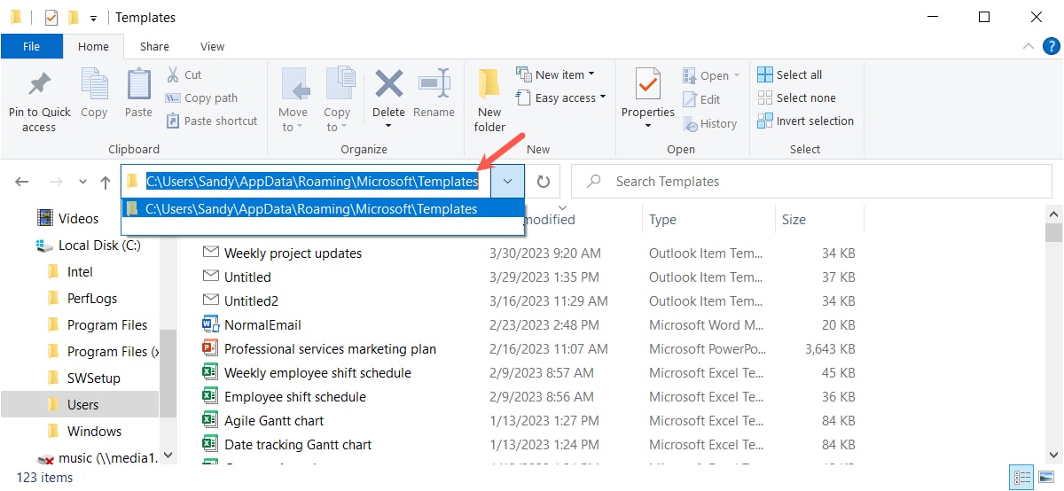 File path for Outlook templates on Windows