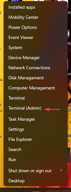 Opening "Terminal (Admin)" from Start menu.