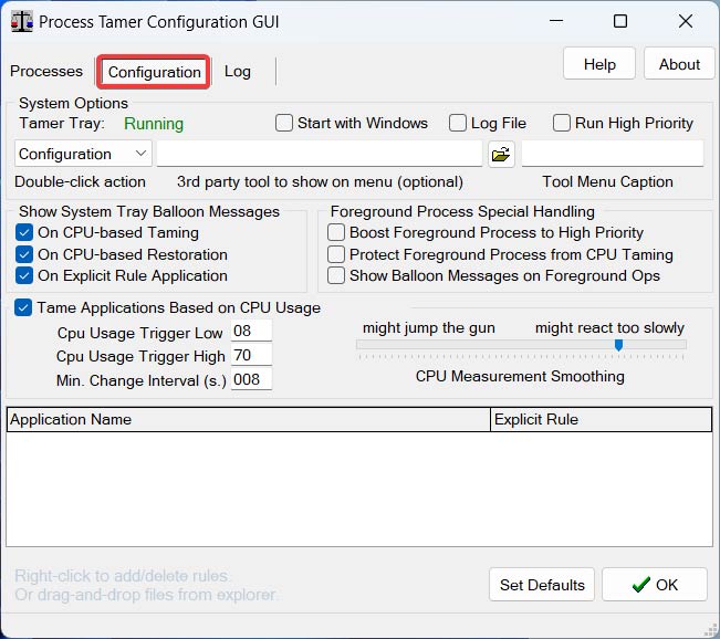 "Configuration" tab in the Process Tamer app where you can manage individual apps. 