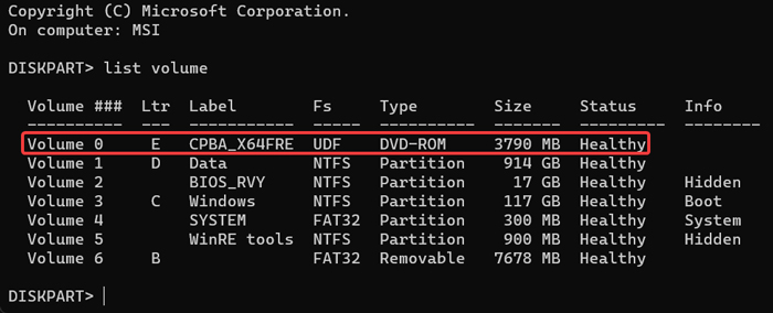 Volume view under DiskPart in Command Prompt.