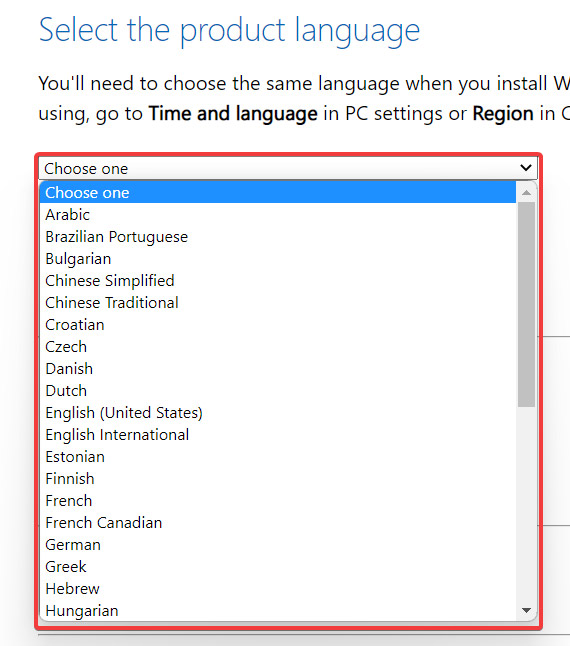 Selecting the language to run Windows 11 in.