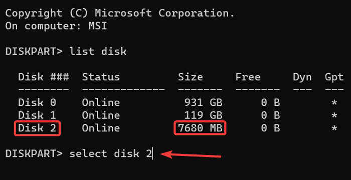 Listing all disks on system using "list disk" command.