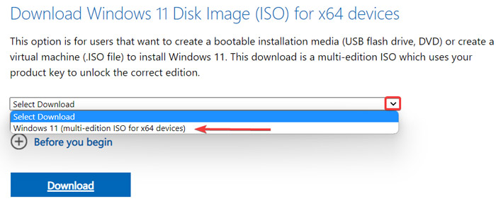 Selecting your Windows 11 disk image (ISO) option.