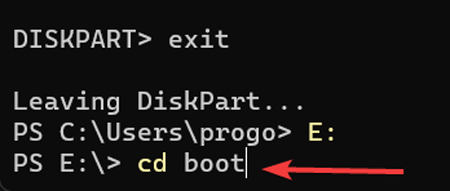 Executing the "cd boot" command in Command Prompt.