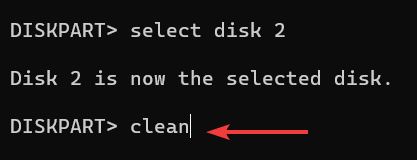 Cleaning USB drive using "clean" command in Command Prompt.