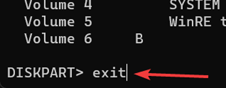 Exiting DiskPart via Command Prompt.