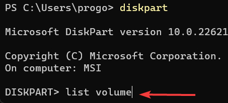 Listing volumes on device using "list volume" command.