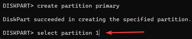Selecting created partition on USB drive using Command Prompt.