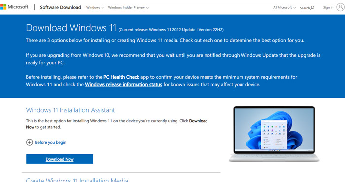 Microsoft Windows 11 download page.