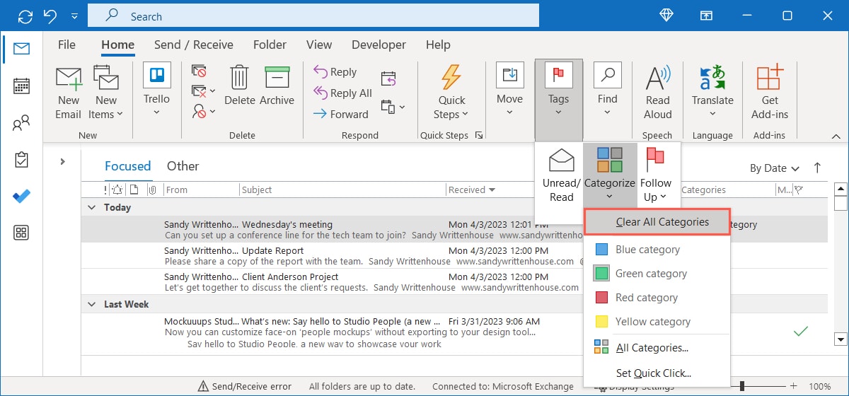 Clear all categories in Outlook on Windows