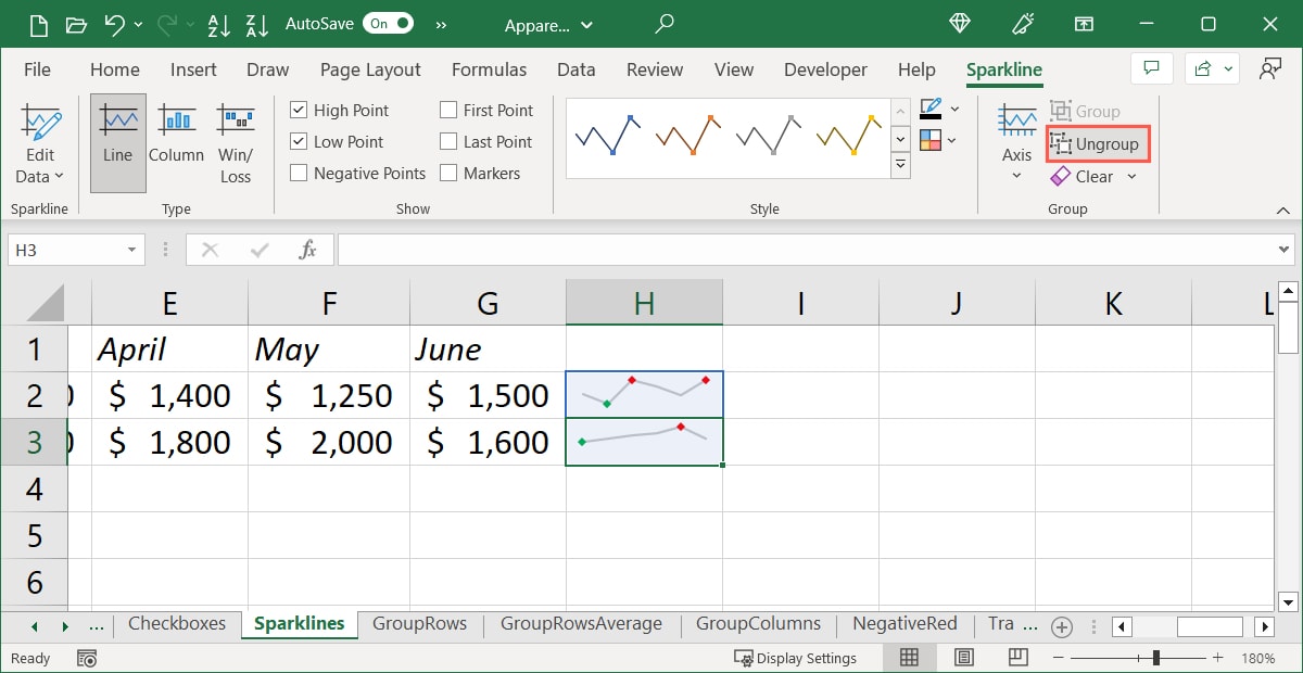 Ungroup on the Sparklines tab